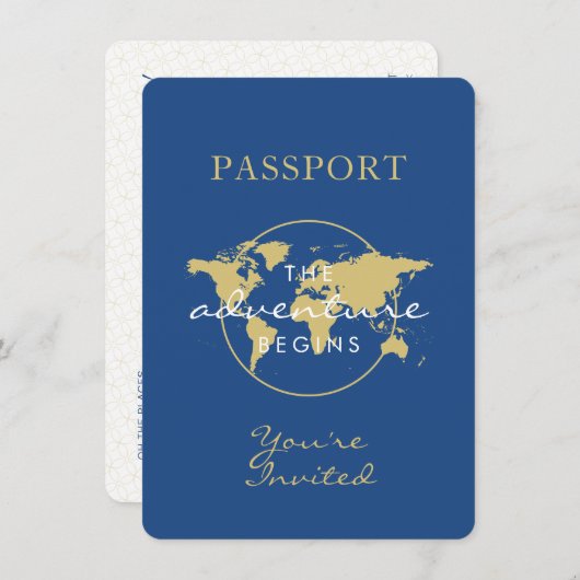 Baby shower Paspoortreisthema Blauw goud Kaart (Voorkant / Achterkant)