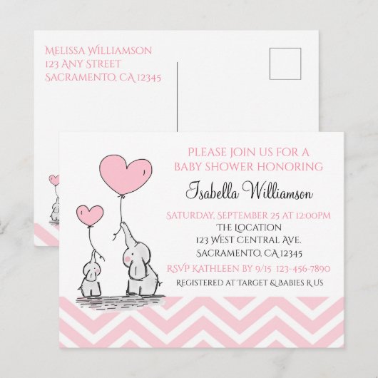 Baby Shower Pastel Baby Olifant met Hart Custom Uitnodiging Briefkaart (Voorkant / Achterkant)