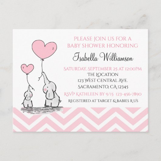Baby Shower Pastel Baby Olifant met Hart Custom Uitnodiging Briefkaart (Voorkant)