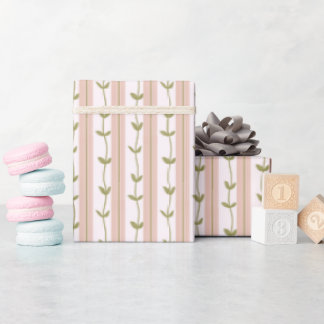 Baby Shower Pastel Pink Stripe Botanical Green Vin Cadeaupapier