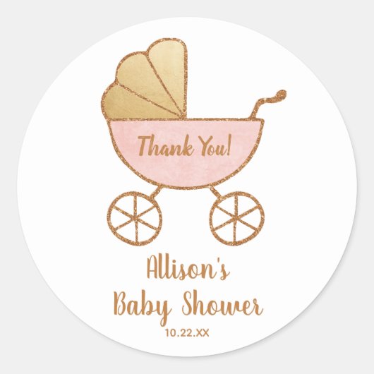 Baby shower Pastel Roze Retro Carriage Dank u Ronde Sticker (Voorkant)