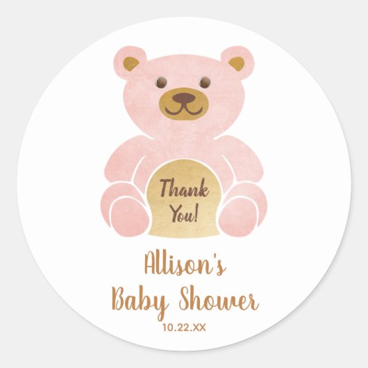Baby shower pastel roze teddybeer dank u ronde sticker (Voorkant)