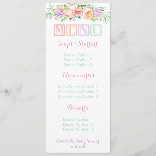 baby shower Pastel Sherbet Floral Menu Cards (Voorkant)