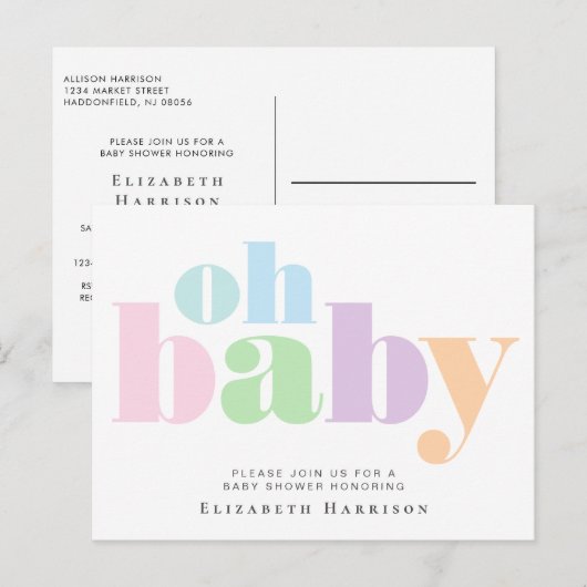 Baby shower Pastel Typografie Uitnodiging Briefkaart (Voorkant / Achterkant)