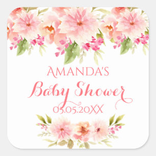 Baby shower peach dahlia bloemen wit vierkante sticker