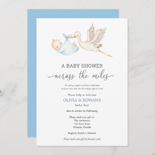 Baby shower per e-mail Blue Stork Kaart (Voorkant / Achterkant)