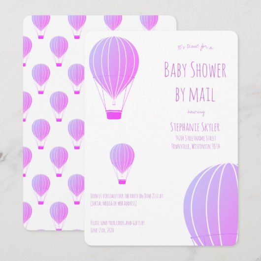 Baby shower per Mail Paarse heteluchtballon Kaart (Voorkant / Achterkant)
