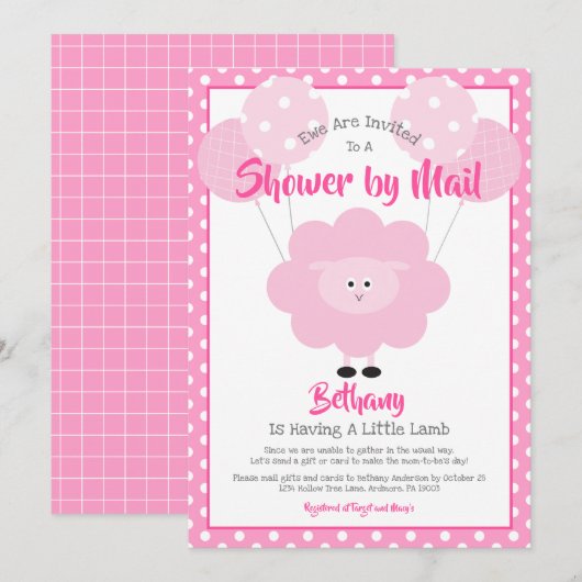 Baby shower per Mail Schattige Roze Lam Modern Een Kaart (Voorkant / Achterkant)