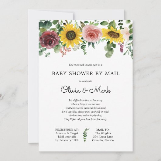 Baby shower per Mail Sunflower Roos Uitnodiging (Voorkant)