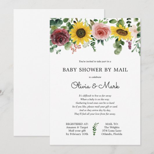 Baby shower per Mail Sunflower Roos Uitnodiging (Voorkant / Achterkant)