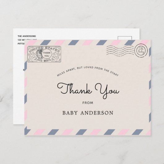 Baby shower per post Bedankt Roze Blauw Briefkaart (Voorkant / Achterkant)