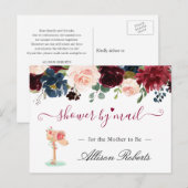 Baby shower per post Bourgondië Blush Navy Floral Briefkaart (Voorkant / Achterkant)