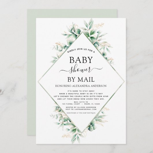 Baby shower per post Eucalyptus Geometric Kaart (Voorkant / Achterkant)