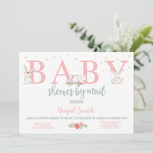 Baby Shower Per Post, Konijn Baby Shower Kaart (Staand voorkant)