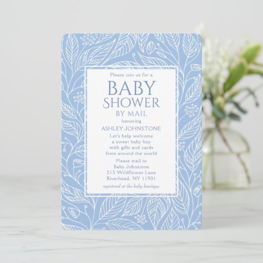 Baby Shower Per Post Pastelblauw Bloemmotief Kaart (Staand voorkant)