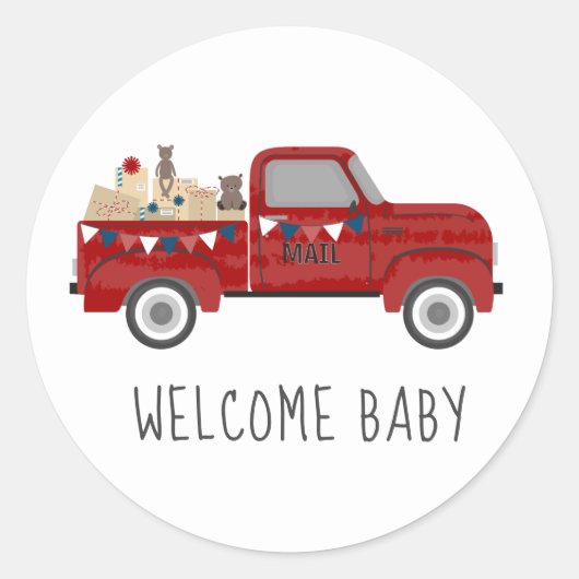 Baby shower per post Red Truck Ronde Sticker (Voorkant)