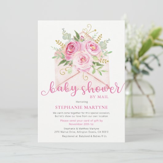 Baby shower per post roze bloemenvelop kaart (Staand voorkant)