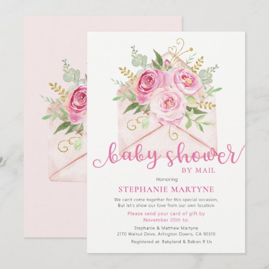 Baby shower per post roze bloemenvelop kaart (Voorkant / Achterkant)