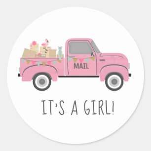Baby shower per post roze vrachtwagen ronde sticker