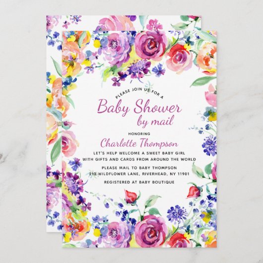 Baby shower per post Spring roze Waterverf Floral Kaart (Voorkant / Achterkant)