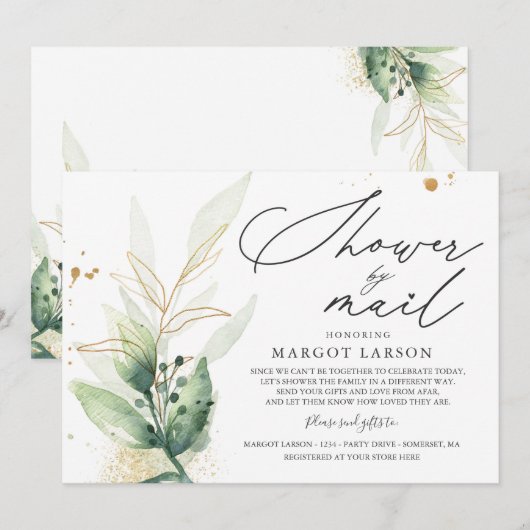 Baby shower per post uitnodiging groen & goud (Voorkant / Achterkant)