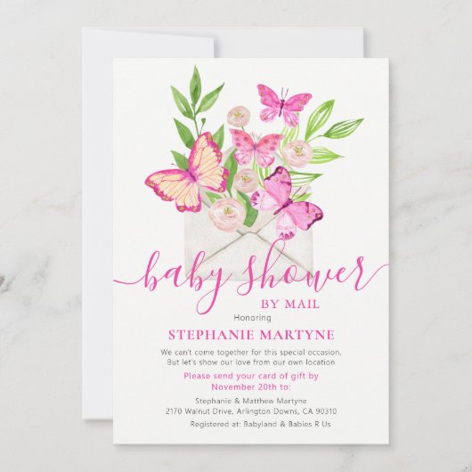 Baby shower per post vlinder roze bloemenenvelop kaart (Voorkant)