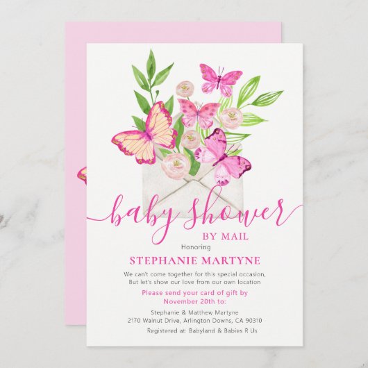 Baby shower per post vlinder roze bloemenenvelop kaart (Voorkant / Achterkant)