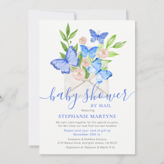 Baby shower per post vlinderenvelop blauw kaart (Voorkant)