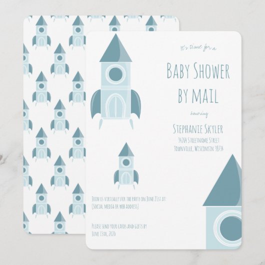 Baby shower per post wit blauw raketschip kaart (Voorkant / Achterkant)