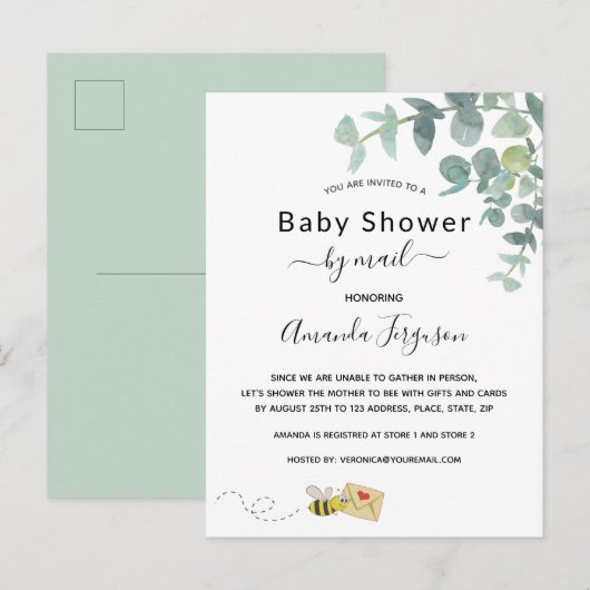 Baby shower per post witte eucalyptus greenery bee briefkaart (Voorkant / Achterkant)