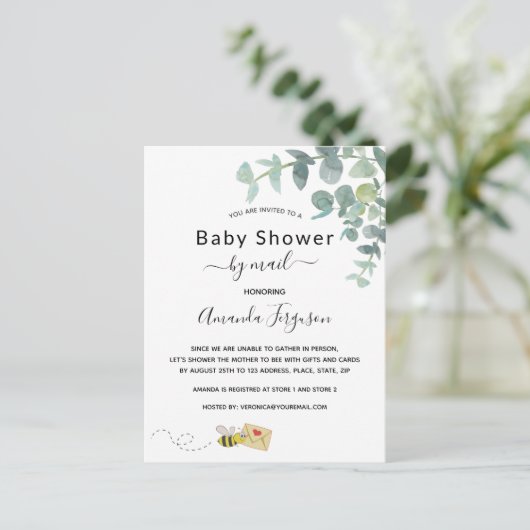 Baby shower per post witte eucalyptus greenery bee briefkaart (Staand voorkant)