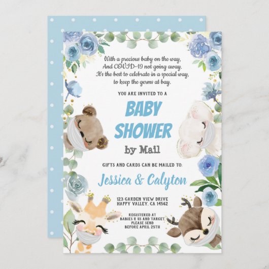 Baby shower per post Woodland Animal Blue Roos Kaart (Voorkant / Achterkant)