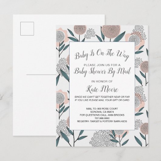 Baby shower per posthand getrokken Roos Floral Uitnodiging Briefkaart (Voorkant / Achterkant)