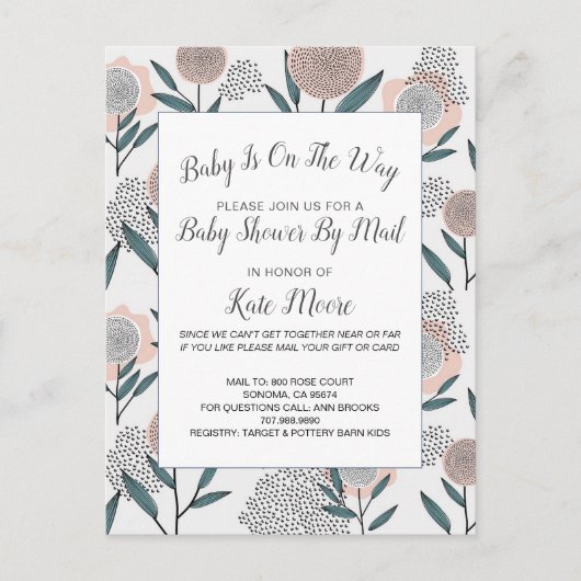 Baby shower per posthand getrokken Roos Floral Uitnodiging Briefkaart (Voorkant)