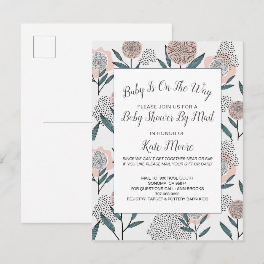 Baby shower per posthand getrokken Roos Floral Uitnodiging Briefkaart (Voorkant / Achterkant)