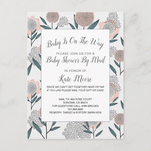 Baby shower per posthand getrokken Roos Floral Uitnodiging Briefkaart (Voorkant)