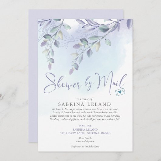 Baby shower per Waterverf Lila en Sky Blue Kaart (Voorkant / Achterkant)