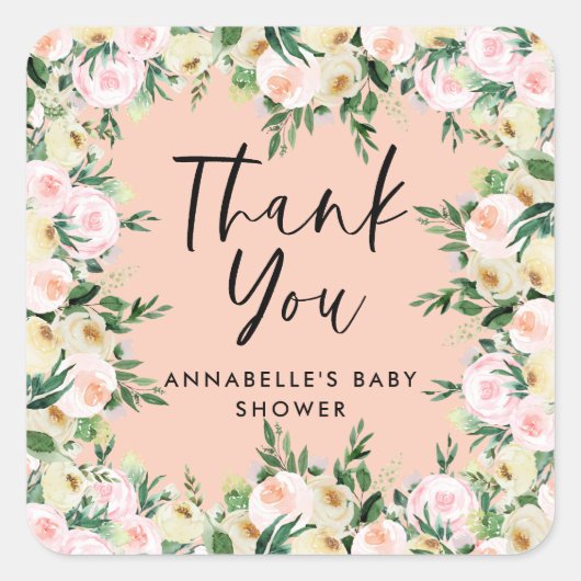 Baby shower perzik girly floral dank u vierkante sticker (Voorkant)