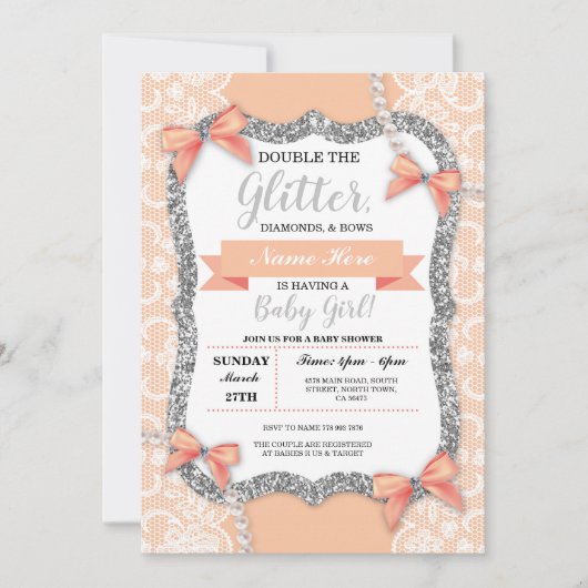Baby shower Perzik Kant Glitter Bow Meisje Uitnodi Kaart (Voorkant)