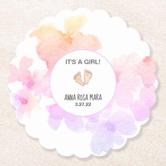 *~* Baby shower Perzik Roze Bloemen Zachte Waterve Kartonnen Onderzetters (Voorkant)