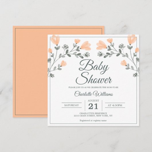 Baby shower Perzik Sage Groene Delicate Bloemen Kaart (Voorkant / Achterkant)