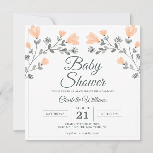 Baby shower Perzik Sage Groene Delicate Bloemen Kaart (Voorkant)