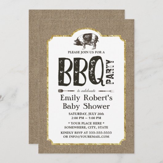 Baby shower Pig Roast BBQ Rustic Burlap Kaart (Voorkant / Achterkant)