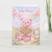 Baby Shower – Pink Bear Floral Illustration Kaart (Voorkant)