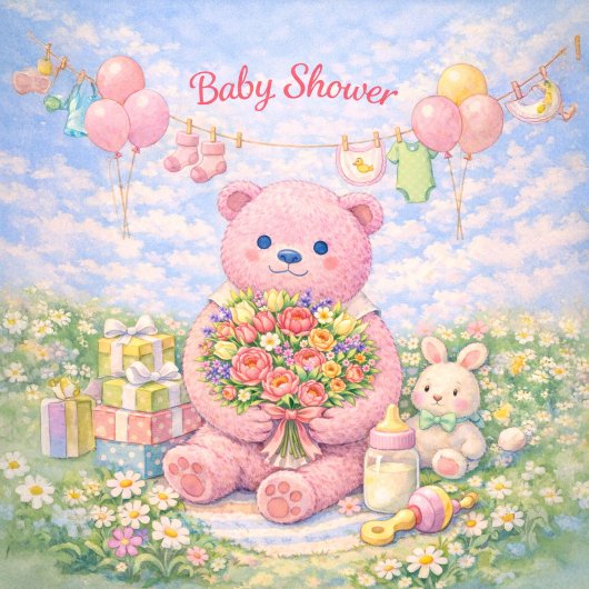Baby Shower – Pink Bear Floral Illustration Kaart