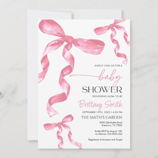 Baby shower Pink Bow Invitation Kaart (Voorkant)