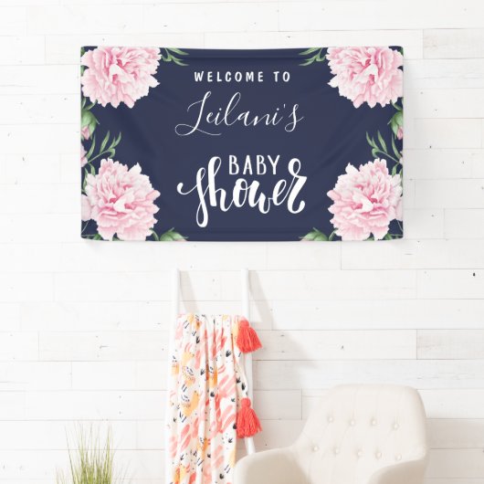 Baby shower Pink Peony Navy Blue Welkom Spandoek (Insitu)