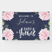 Baby shower Pink Peony Navy Blue Welkom Spandoek (Horizontaal)