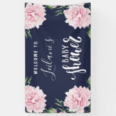 Baby shower Pink Peony Navy Blue Welkom Spandoek (Verticaal)