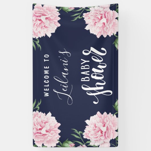 Baby shower Pink Peony Navy Blue Welkom Spandoek (Verticaal)